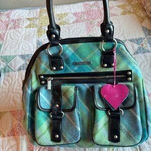 Ness of Scotland Green Plaid Tweed Black Accent Bag Purse Double Handle